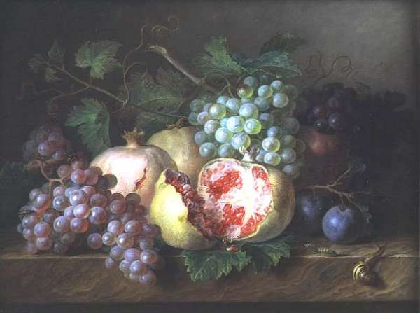 Still life of pomegranates, grapes and plums on a marble ledge by Romanticism