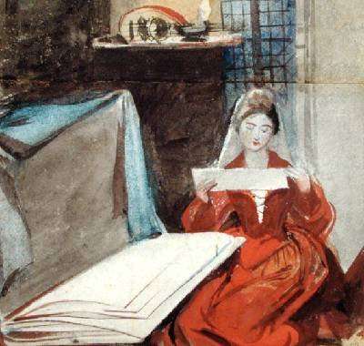 A Lady in a Medieval Costume studying the Contents of a Portfolio by Romanticism