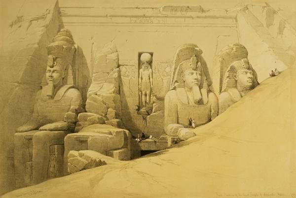 Front Elevation of the Great Temple of Aboo Simbel, Nubia, plate 44 from volume II of Egypt and Nubia, engraved by Louis Haghe 1806-85 pub. 1849 by Romanticism