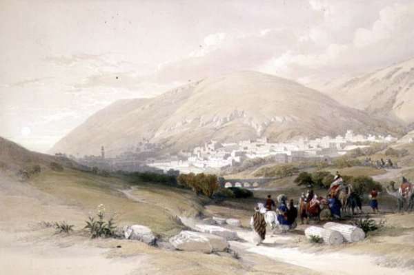 Nablous, ancient Shechem, April 17th 1839, plate 42 from Volume I of The Holy Land, engraved by Louis Haghe 1806-85 pub. 1842 by Romanticism