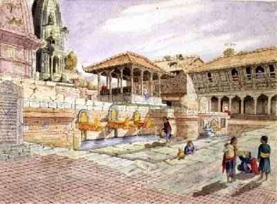 Nepalese People at the Fountains in Patan Murdi Nepal 1853 by Romanticism