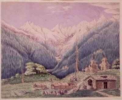 The Trisuli River at its Source in the Lakes of Gosainkund sketched from the Tibetan village of Dimchali 1860 by Romanticism