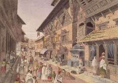 Nepalese Bhadgoari People in a Street beside a Shrine in Nepal Bhaduon 1853 by Romanticism