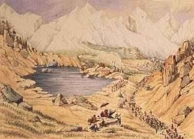 Soldiers invading Tibet from Nepal entrance to the Keerung Pass. The plain is part of the Town of Keerung with the Valley of Pauring Tiar and the Buoria Gondu river May 1855 by Romanticism
