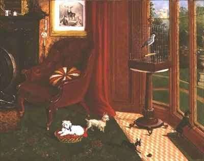Interior with terriers and a parrot in a cage by Romanticism