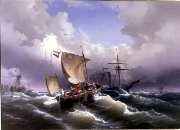 Vessels in Choppy Water off a Coastline by Romanticism