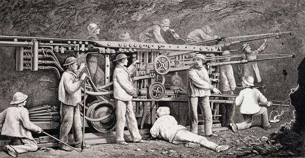 The Advanced Gallery on the French Side of the Mont Cenis Tunnel, with the 'Perforatrices' at Work, from 'The Ascent of the Matterhorn by Edward Whymper, published 1860s-80s by Romanticism