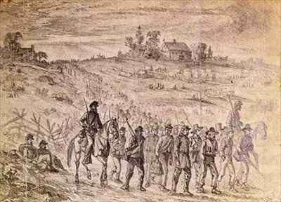 The Battle of Gettysburg Prisoners Belonging to General Langstreets Corps Captured by Union Troops Marching to the Rear Under Guard by Romanticism