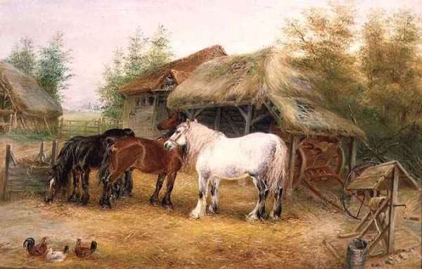 Carthorses in a farmyard by Romanticism