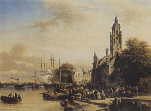 Numerous townsfolk on a quay, Middelburg 1852 by Romanticism