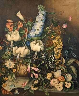 Flowers in a Vase on a marble topped console table by Romanticism