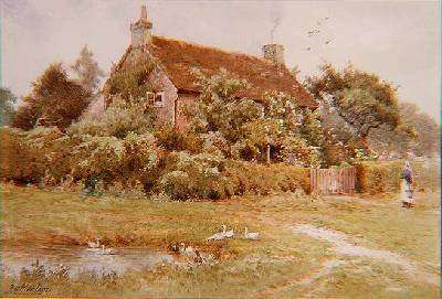 A Woman and Ducks near a Cottage in Summer by Romanticism