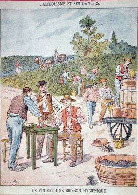Wine is a Hygienic Drink peasants drinking after the vendange illustration from a childrens book on the dangers of alcoholism by Romanticism