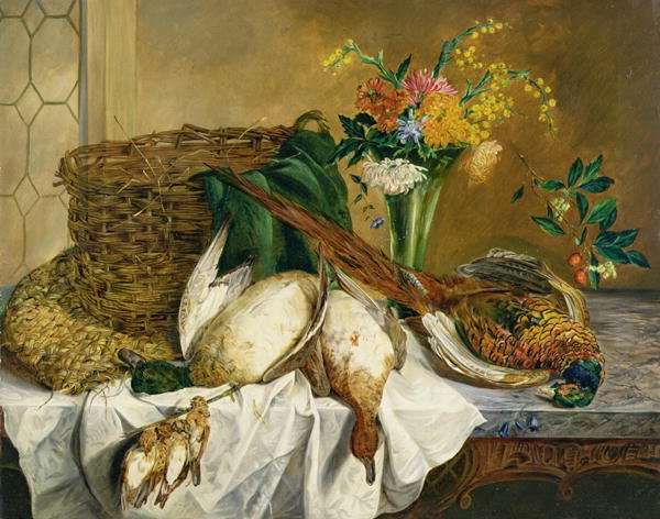 Still life of ducks, pheasant and flowers, 1855 by Romanticism