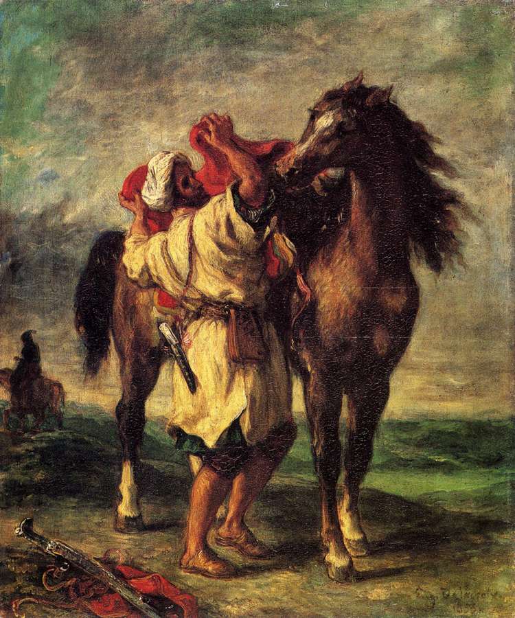 A Moroccan Saddling A Horse by Romanticism