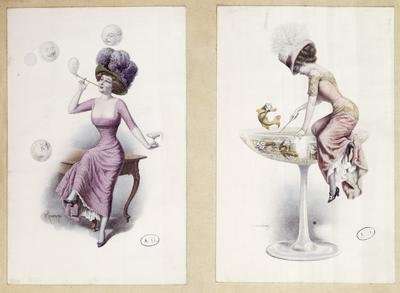 Postcards depicting a woman blowing bubbles and fishing in a Champagne Glass by Romanticism