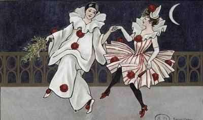 Postcard depicting Pierrot and his companion by Romanticism