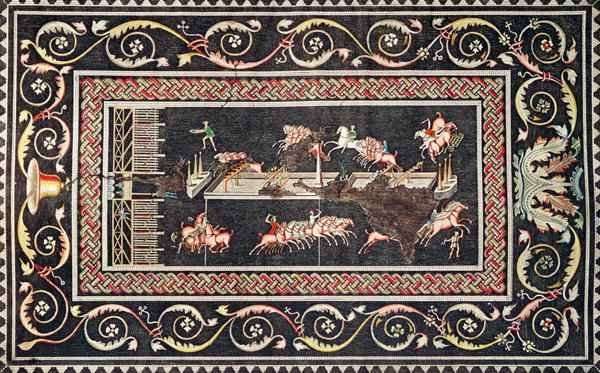 Representation of a mosaic discovered in Lyon depicting Circus games by Romanticism