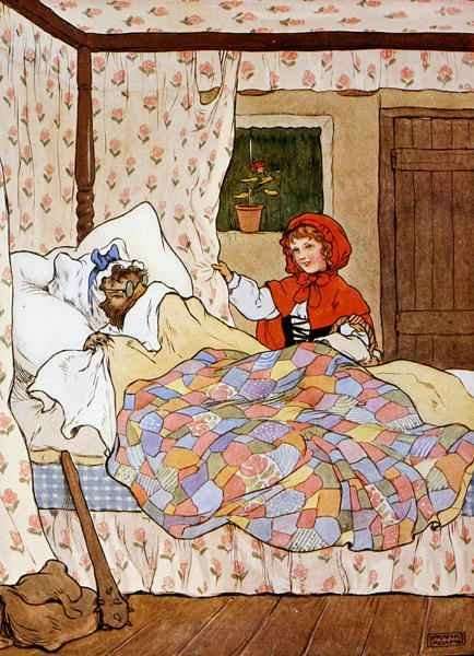 The Wolf disguised as Little Red Riding Hood's grandmother, illustration from 'The Beautiful Book of Nursery Rhymes, Stories and Pictures' by Romanticism
