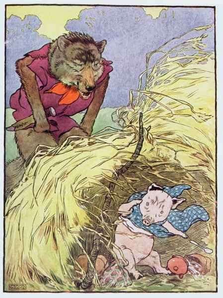 'So he huffed and he puffed till he blew the house of straw in', illustration from 'The Three Little Pigs' by Romanticism