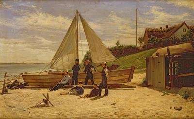 Fisherfolk by a beached sailing vessel by Romanticism