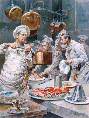 In the Kitchen preparations for Christmas Eve dinner in a Paris restaurant from LIllustration December 1893 by Romanticism