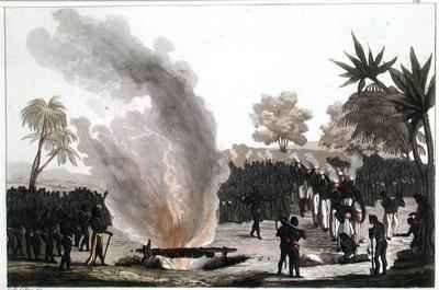 Women found guilty of adultery being burnt alive in Guinea by Romanticism