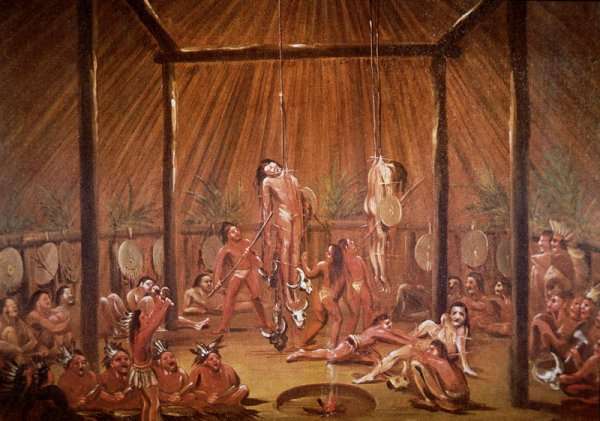 The O-Kee-Pa self-torture religious ceremony of the Mandan tribe, from a painting of c.1835 by Romanticism