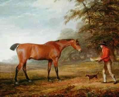 A Bay Horse Approached by a Stable lad with Food and a Halter by Romanticism