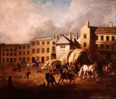 18th Century Town Scene with Figures and Horses in a Yard by Romanticism