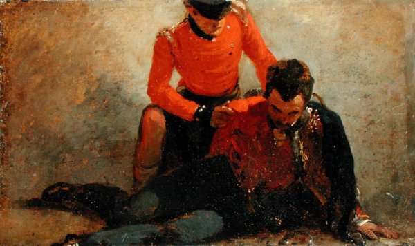 A Highlander Black Watch attending a General of Hussars, possibly Lord Uxbridge a study for The Battle of Waterloo by Romanticism