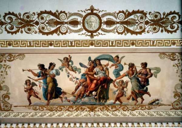 Triumphant goddess drawn in a chariot, detail of the ornamental border of the ceiling in the Raspberry Drawing Room by Romanticism