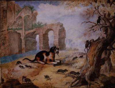 Cat killing mice in a landscape by Romanticism