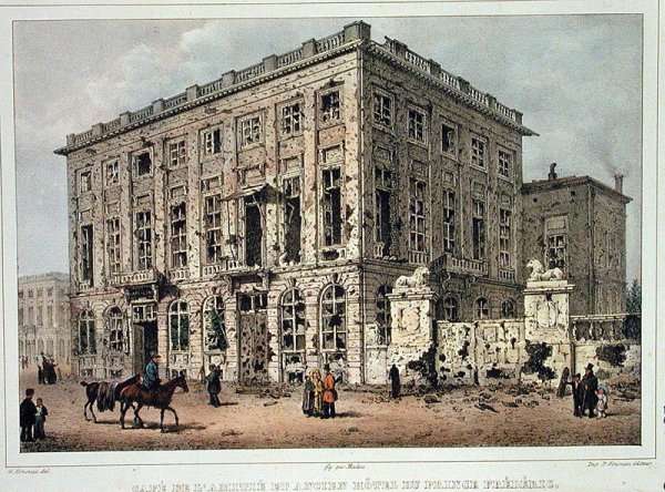 The Cafe Amitie and the Old Hotel du Prince Frederic, Brussels, after the Fighting of 23rd-26th September 1830, engraved by Jean Baptiste Madou 1796-1877 by Romanticism