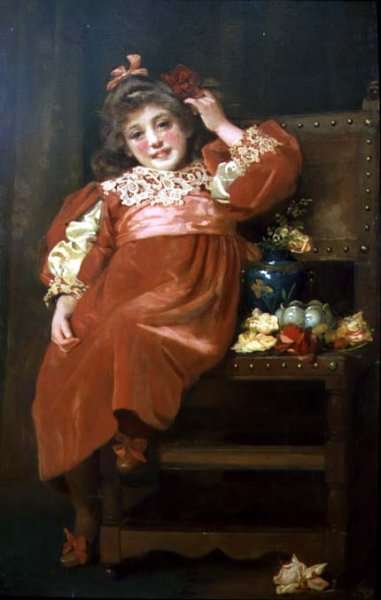 A full length portrait of a pretty young girl in a red dress, reclining in a chair by Romanticism