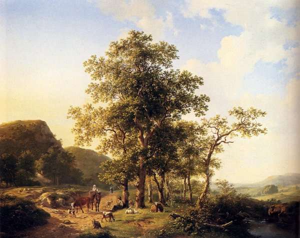 Wooded landscape with peasants and animals by Romanticism
