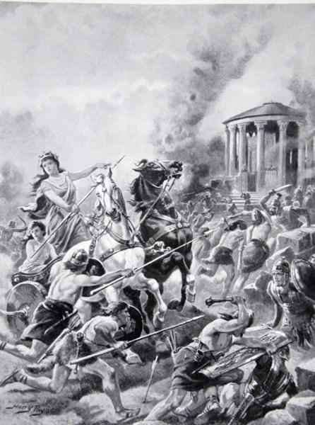 Boadiceas attack upon Camulodunum, 60AD, illustration from The History of the Nation 2 by Romanticism