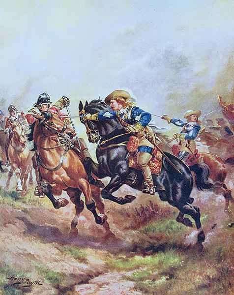 Prince Ruperts Cavalry Charging at Edgehill in 1642, illustration from Hutchinsons The Story of the British Nation c.1920 by Romanticism