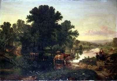 Wooded River Landscape with Cattle Watering by Romanticism