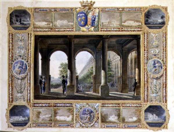The Palais Royal, Paris, surrounded by vignettes of the childhood residences of Charles Ferdinand, the Duke de Berry 1778-1820 and his wife Maria Caroline of Bourbon by Romanticism
