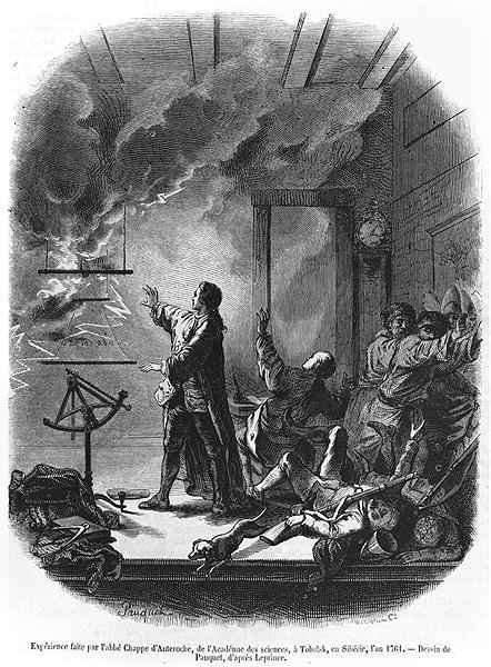 Jean Chappe dAuteroche 1722-69 Experimenting with Electricity in 1761, Tobolsk, Siberia, illustration from Le Magasin Pittoresque, 1855 by Romanticism
