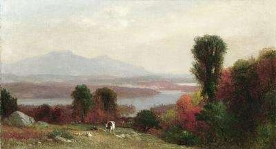 Cows and Sheep Grazing in an Autumn River by Romanticism