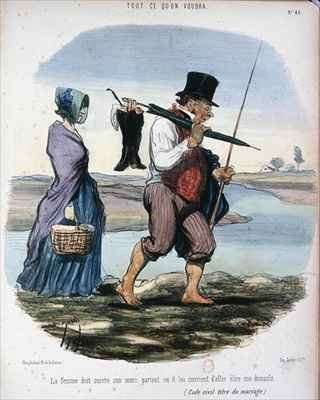 Caricature ridiculing Chapter VI of the Rights and Duties of Spouses in the French Code Civil promulgated by Napoleon in 1804 by Romanticism