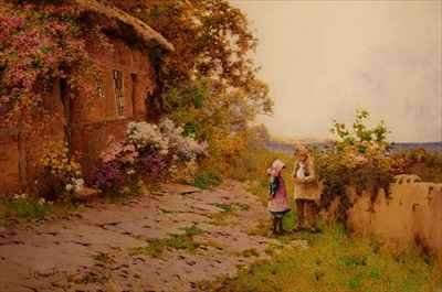 Two Children with a Rabbit Outside a Cottage by the Sea by Romanticism