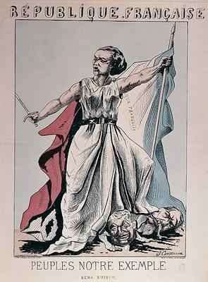 Personification of the French Republic as Louise Michel 1830-1905 trampling on the heads of Louis Adolphe Thiers 1797-1877 and Napoleon III 1808-73 by Romanticism