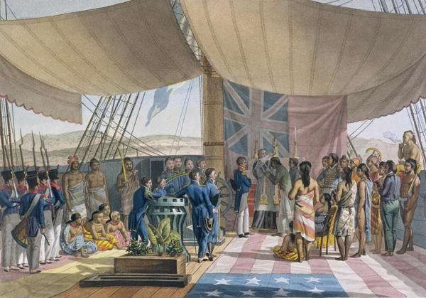 The Sandwich Islands- The Christening of the King's Prime Minister on Board the 'Uranie', from 'Voyage Autour du Monde sur les Corvettes de L'Uranie' 1817-20 by Romanticism