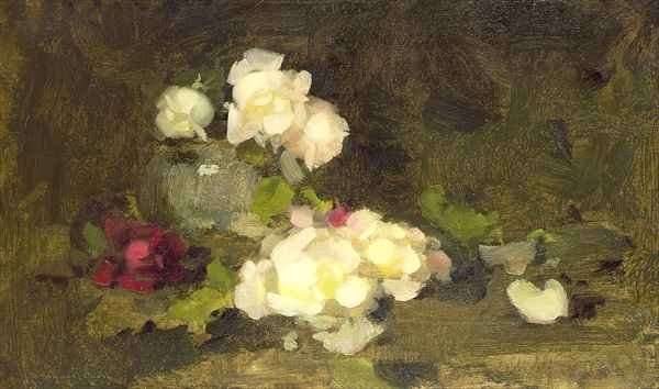 Still life of yellow and red roses in a green vase by Romanticism