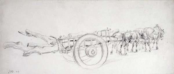 A Timber Cart Laden with Tree Trunks, Drawn by a Pair of Horses and a Pair of Oxen by Romanticism