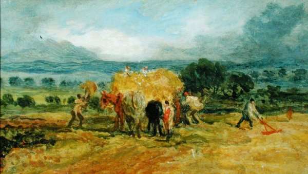 A Harvest Scene with Workers loading Hay on to a Farm Wagon by Romanticism