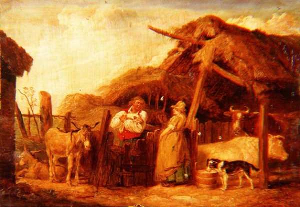 A farmer and his wife with cows, donkeys and animals by a barn in a farmyard by Romanticism